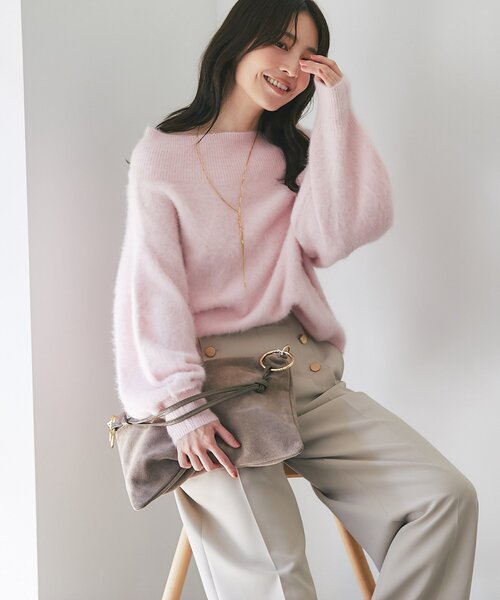 セール】【大人っぽニット】ヘアリーウールカシミア混リブネック