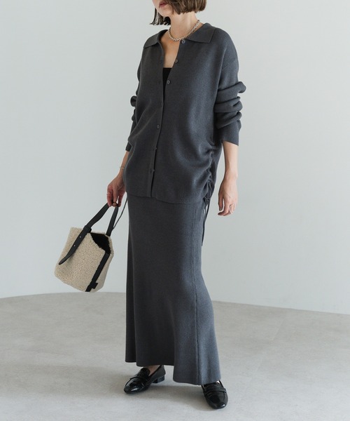 セール】リブニットサイドドロストカーディガン×ロングスカート