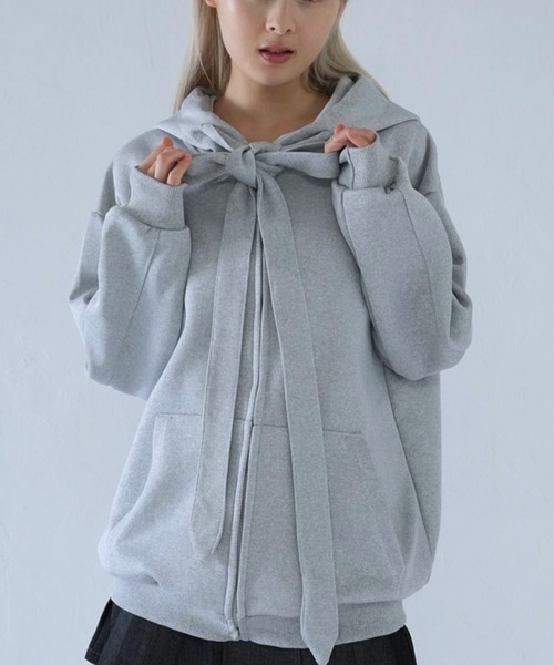 Uenui（ウニュイ）の「ribbon zip-up hoodie（パーカー・レディース・グレー/ブラック・FREE）」の2枚目の写真