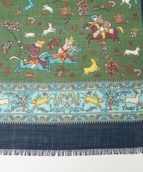 Drake's 動物柄 ネイビー スカーフ ストール ウールシルク Drake's 動物柄 ネイビー スカーフ ストール ウールシルク Blue Tiger