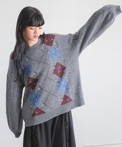 somari imagination(ソマリ イマジネーション)の「『花柄刺繍アーガイルジャカードニット』(ニット/セーター・レディース・ネイビー/杢グレー・FREE)」の18枚目の写真
