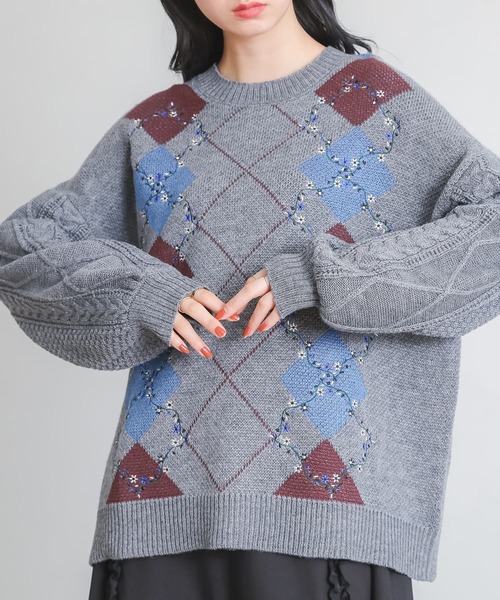 somari imagination(ソマリ イマジネーション)の「『花柄刺繍アーガイルジャカードニット』(ニット/セーター・レディース・ネイビー/杢グレー・FREE)」の19枚目の写真