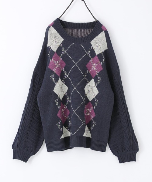 somari imagination(ソマリ イマジネーション)の「『花柄刺繍アーガイルジャカードニット』(ニット/セーター・レディース・ネイビー/杢グレー・FREE)」の5枚目の写真
