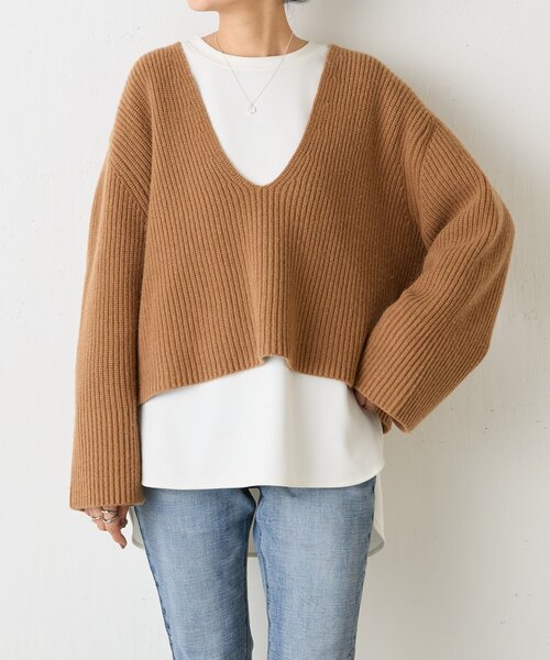 BEARDSLEY（ビアズリー）の「Vネック畦プルオーバー（ニット/セーター・レディース・ホワイト/キャメル・FREE）」の11枚目の写真