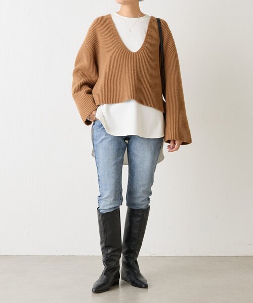 BEARDSLEY（ビアズリー）の「Vネック畦プルオーバー（ニット/セーター・レディース・ホワイト/キャメル・FREE）」の14枚目の写真