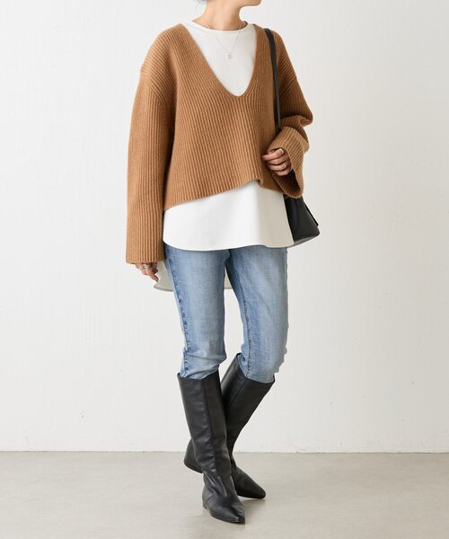 BEARDSLEY（ビアズリー）の「Vネック畦プルオーバー（ニット/セーター・レディース・ホワイト/キャメル・FREE）」の17枚目の写真