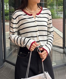 ISOOK | 【ISOOK / アイスー】バイカラーボーダーカーディガン / ボーダートップス 配色 薄手 長袖 羽織り 秋冬 ホワイト ネイビー ZOZOTOWN限定(カーディガン/ボレロ)