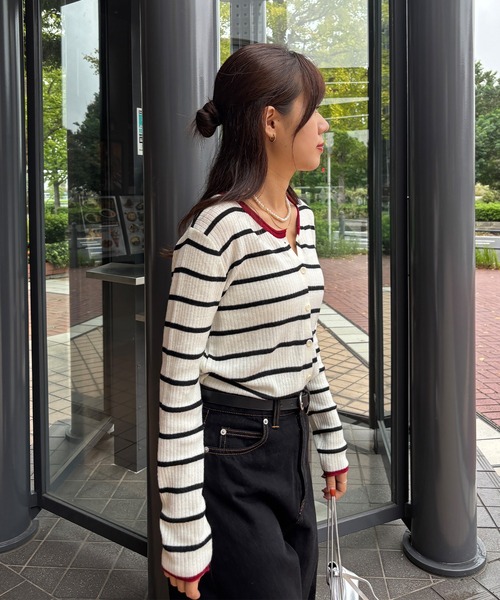 ISOOK（アイスー）の「【ISOOK / アイスー】バイカラーボーダーカーディガン / ボーダートップス 配色 薄手 長袖 羽織り 春ニット 春服 ホワイト ネイビー ZOZOTOWN限定（カーディガン/ボレロ・レディース・ネイビー/アイボリー・FREE）」の15枚目の写真