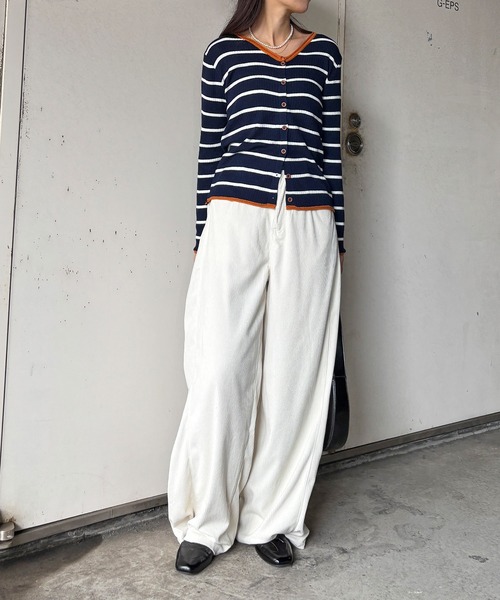 ISOOK（アイスー）の「【ISOOK / アイスー】バイカラーボーダーカーディガン / ボーダートップス 配色 薄手 長袖 羽織り 春ニット 春服 ホワイト ネイビー ZOZOTOWN限定（カーディガン/ボレロ・レディース・ネイビー/アイボリー・FREE）」の9枚目の写真