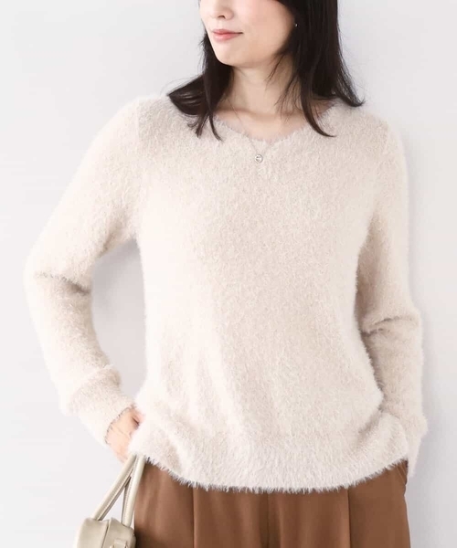 OFUON le MK(オフオンルエムケー)の「ミニスパンコールシャギーニット/洗える/WEB限定サイズあり(ニット/セーター・レディース・ベージュ/ネイビー/オレンジ/ライトブルー・36/38)」の2枚目の写真