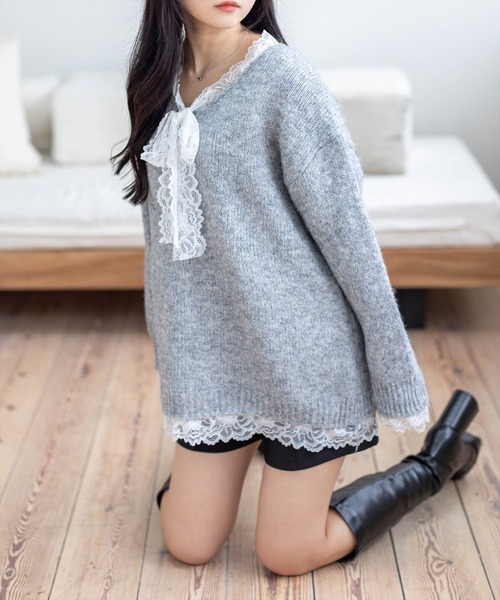 STAY MOTION（ステイモーション）の「【WEB限定】レースリボンオーバーサイズニットトップス［韓国ファッション ガーリー］≪AW新作≫（ニット/セーター・レディース・アイボリー/グレー/レッド・F）」の2枚目の写真