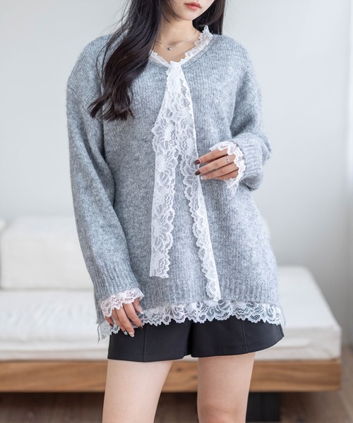 STAY MOTION（ステイモーション）の「【WEB限定】レースリボンオーバーサイズニットトップス［韓国ファッション ガーリー］≪AW新作≫（ニット/セーター・レディース・アイボリー/グレー/レッド・F）」の5枚目の写真