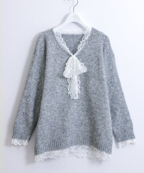 STAY MOTION（ステイモーション）の「【WEB限定】レースリボンオーバーサイズニットトップス［韓国ファッション ガーリー］≪AW新作≫（ニット/セーター・レディース・アイボリー/グレー/レッド・F）」の6枚目の写真