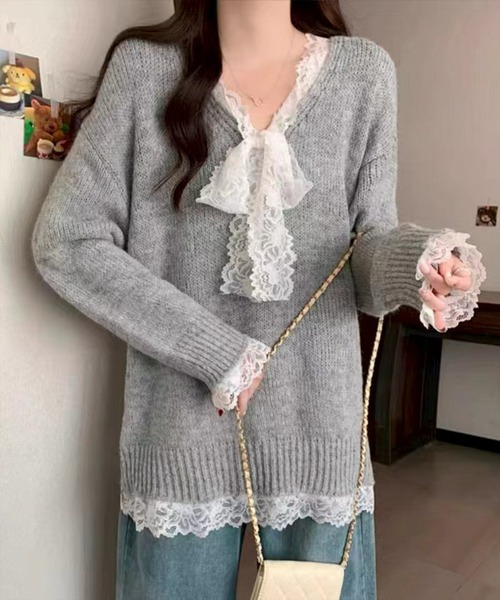 STAY MOTION（ステイモーション）の「【WEB限定】レースリボンオーバーサイズニットトップス［韓国ファッション ガーリー］≪AW新作≫（ニット/セーター・レディース・アイボリー/グレー/レッド・F）」の14枚目の写真