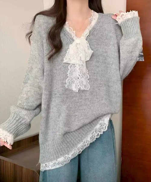 STAY MOTION（ステイモーション）の「【WEB限定】レースリボンオーバーサイズニットトップス［韓国ファッション ガーリー］≪AW新作≫（ニット/セーター・レディース・アイボリー/グレー/レッド・F）」の15枚目の写真