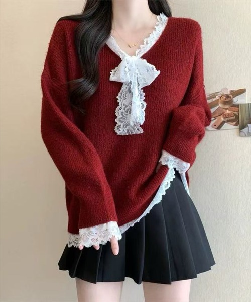 STAY MOTION（ステイモーション）の「【WEB限定】レースリボンオーバーサイズニットトップス［韓国ファッション ガーリー］≪AW新作≫（ニット/セーター・レディース・アイボリー/グレー/レッド・F）」の11枚目の写真