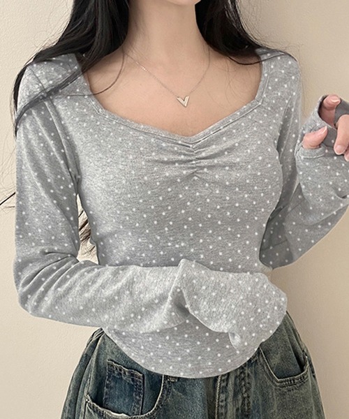 Nia(ニア)の「Nia(ニア)/ドット柄 長袖ガーリーカットソー(Tシャツ/カットソー・レディース・グレー/ホワイト・MEDIUM/SMALL)」の4枚目の写真