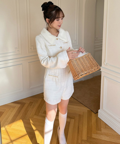 ROYAL PARTY(ロイヤルパーティー)の「ファー付ツイードコンビネゾン(つなぎ/オールインワン・レディース・ブラック/オフホワイト/ネイビー・FREE)」の2枚目の写真
