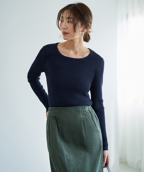STYLE DELI(スタイルデリ)の「新補正リブ◆デコルテあきニットトップス(ニット/セーター・レディース・ブラック/ネイビー/ダークグレー/レッド/ホワイト・FREE)」の5枚目の写真