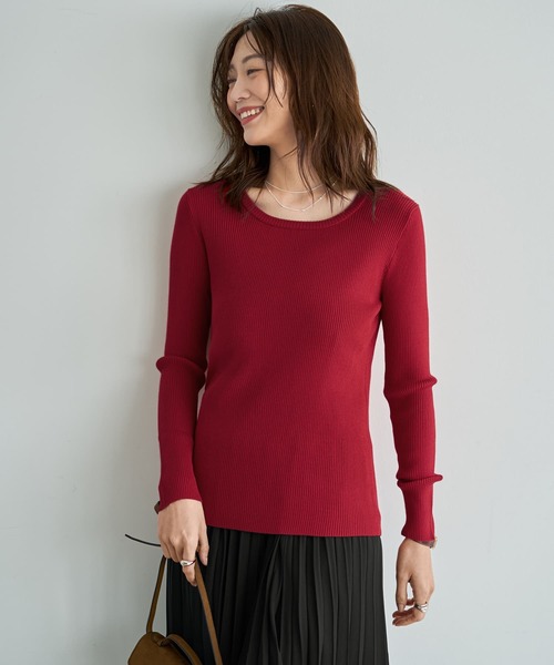 STYLE DELI(スタイルデリ)の「新補正リブ◆デコルテあきニットトップス(ニット/セーター・レディース・ブラック/ネイビー/ダークグレー/レッド/ホワイト・FREE)」の1枚目の写真