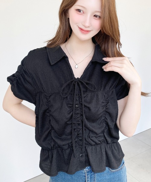 新品 Theory シャツ ブラウス ブラック スキッパー トップス シャーリングスキッパーシャツ（シャツ/ブラウス）｜moment+