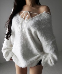 【 ３color 】ストラップリボンオフショルオーバーシャギーニット ／ strap ribbon off shoulder over shaggy knit