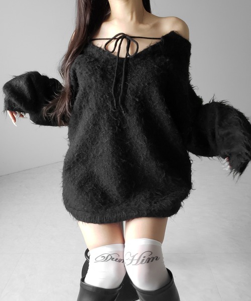 me+em select(ミームセレクト)の「【 3color 】ストラップリボンオフショルオーバーシャギーニット / strap ribbon off shoulder over shaggy knit(ニット/セーター・レディース・ホワイト/ブラック/グレー・FREE)」の9枚目の写真