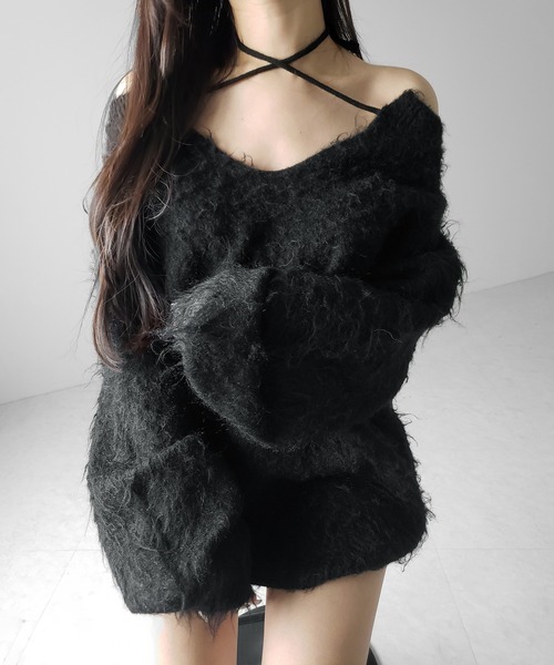 me+em select(ミームセレクト)の「【 3color 】ストラップリボンオフショルオーバーシャギーニット / strap ribbon off shoulder over shaggy knit(ニット/セーター・レディース・ホワイト/ブラック/グレー・FREE)」の19枚目の写真