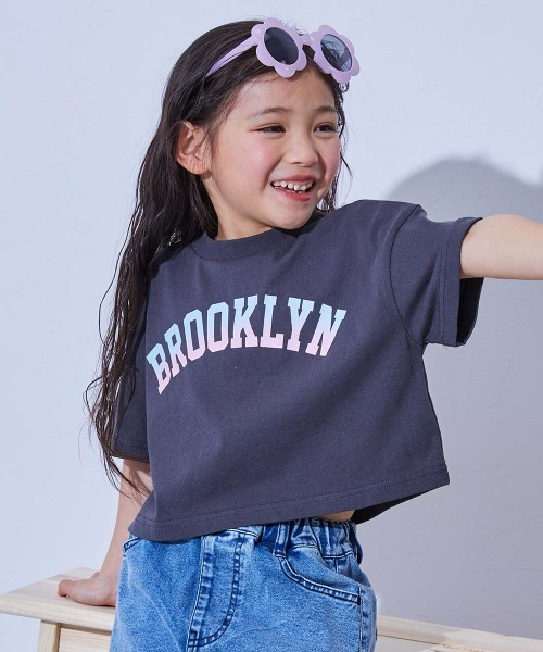 セール】綿100％ デビラボ ガールズ クロップド丈 プリント半袖Tシャツ