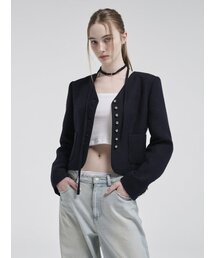 V-Neck Strap Tweed Jacket, Dark Navy