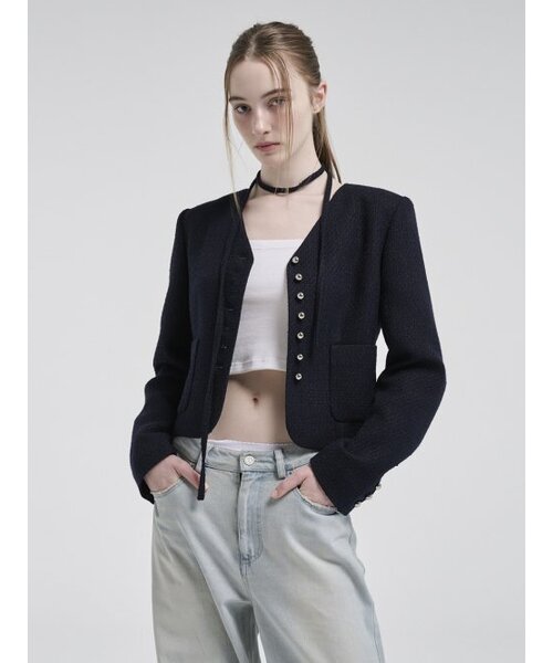 ETMON(エトモン)の「V-Neck Strap Tweed Jacket, Dark Navy(テーラードジャケット・レディース・その他・S/M)」の1枚目の写真
