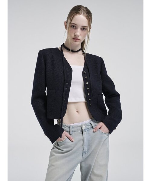 ETMON(エトモン)の「V-Neck Strap Tweed Jacket, Dark Navy(テーラードジャケット・レディース・その他・S/M)」の3枚目の写真