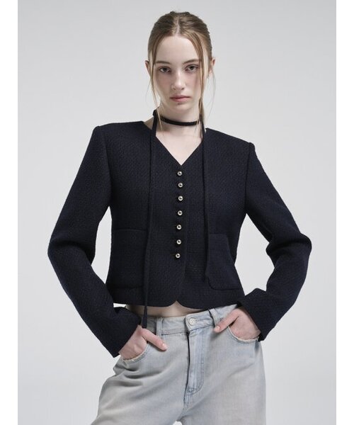 ETMON(エトモン)の「V-Neck Strap Tweed Jacket, Dark Navy(テーラードジャケット・レディース・その他・S/M)」の5枚目の写真