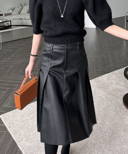FREE STYLISTS（フリー スタイリスト）の「YUGA_YGMC　Korean-style PU leather wide pleated skirt（スカート・レディース・キャメル/ブラック・M/S/L）」の7枚目の写真