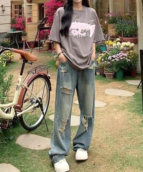 Songe(ソンジュ)の「ウエストボタンダメージワイドデニムパンツ(デニムパンツ・レディース・ブルー・L/M)」の3枚目の写真