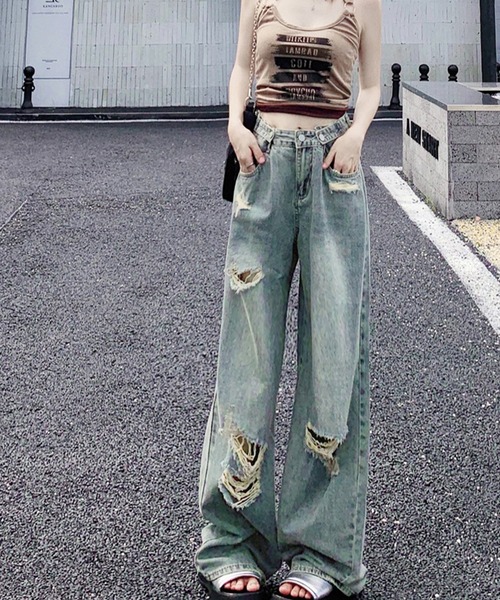 Songe(ソンジュ)の「ウエストボタンダメージワイドデニムパンツ(デニムパンツ・レディース・ブルー・L/M)」の7枚目の写真
