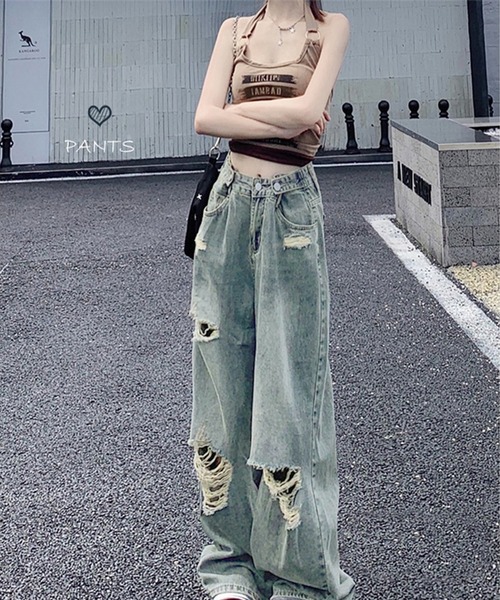 Songe(ソンジュ)の「ウエストボタンダメージワイドデニムパンツ(デニムパンツ・レディース・ブルー・L/M)」の8枚目の写真