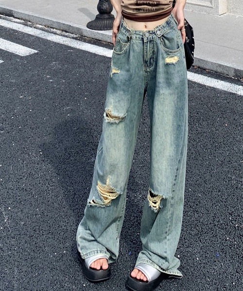 Songe(ソンジュ)の「ウエストボタンダメージワイドデニムパンツ(デニムパンツ・レディース・ブルー・L/M)」の9枚目の写真