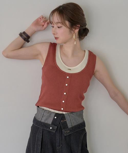 mideal(マイディール)の「layered design tank top / レイヤードデザインタンクトップ(タンクトップ・レディース・チャコールグレー/ピンク/ベージュ/オレンジ/ライトブルー・FREE)」の5枚目の写真