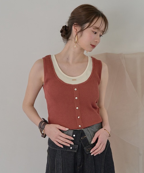 mideal(マイディール)の「layered design tank top / レイヤードデザインタンクトップ(タンクトップ・レディース・チャコールグレー/ピンク/ベージュ/オレンジ/ライトブルー・FREE)」の12枚目の写真