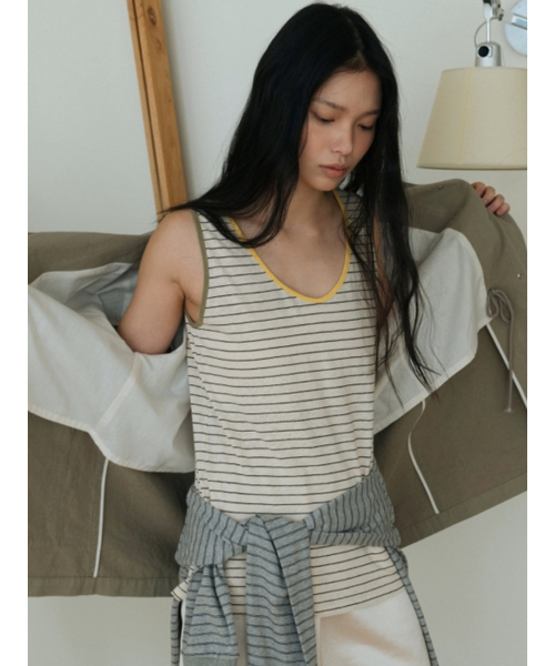 UNNOUT(アナウト)の「LINEN STRIPE SLEEVELESS SHIRT - BEIGE(Tシャツ/カットソー・レディース・その他・ONE SIZE)」の2枚目の写真