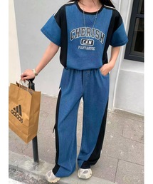 配色トップスワイドパンツセットアップ