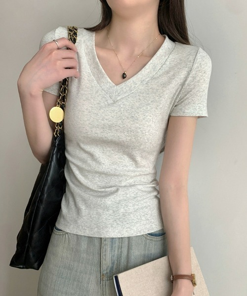 SEU(エスイーユー)の「無地T トップス シンプルVネックTシャツ 【オフィスカジュアル】【きれいめカジュアル】 レディース韓国風(Tシャツ/カットソー・レディース・グレー/ホワイト/ブラック・フリー)」の2枚目の写真