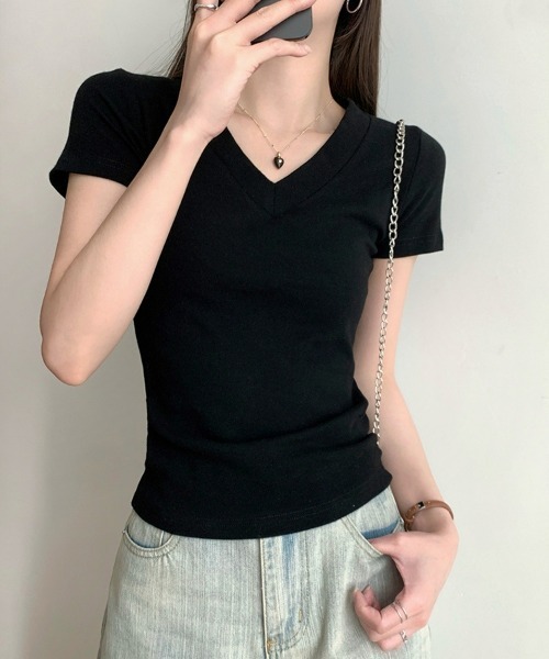 SEU(エスイーユー)の「無地T トップス シンプルVネックTシャツ 【オフィスカジュアル】【きれいめカジュアル】 レディース韓国風(Tシャツ/カットソー・レディース・グレー/ホワイト/ブラック・フリー)」の1枚目の写真