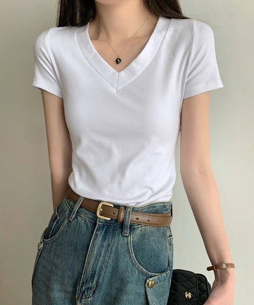 SEU(エスイーユー)の「無地T トップス シンプルVネックTシャツ 【オフィスカジュアル】【きれいめカジュアル】 レディース韓国風(Tシャツ/カットソー・レディース・グレー/ホワイト/ブラック・フリー)」の6枚目の写真