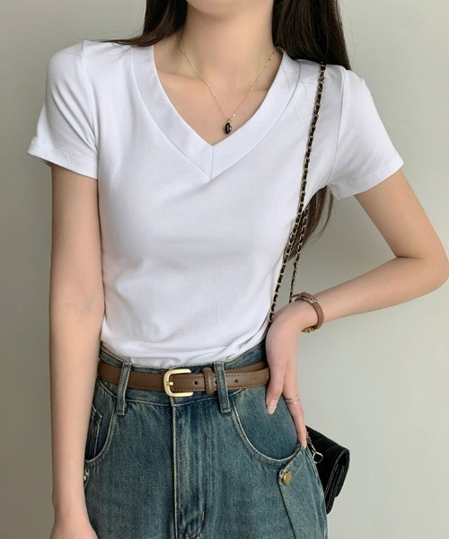 SEU(エスイーユー)の「無地T トップス シンプルVネックTシャツ 【オフィスカジュアル】【きれいめカジュアル】 レディース韓国風(Tシャツ/カットソー・レディース・グレー/ホワイト/ブラック・フリー)」の7枚目の写真