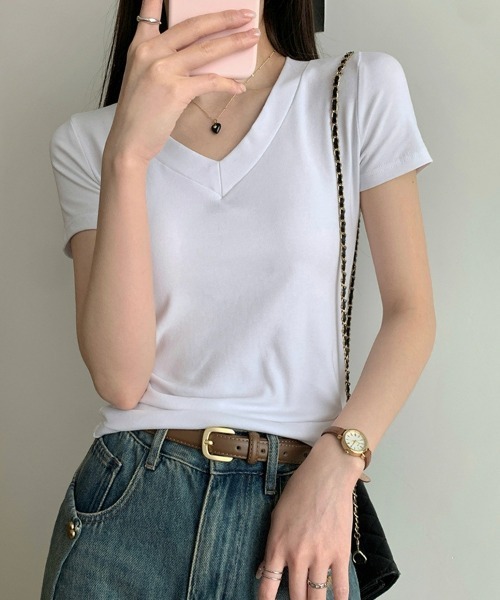 SEU(エスイーユー)の「無地T トップス シンプルVネックTシャツ 【オフィスカジュアル】【きれいめカジュアル】 レディース韓国風(Tシャツ/カットソー・レディース・グレー/ホワイト/ブラック・フリー)」の8枚目の写真