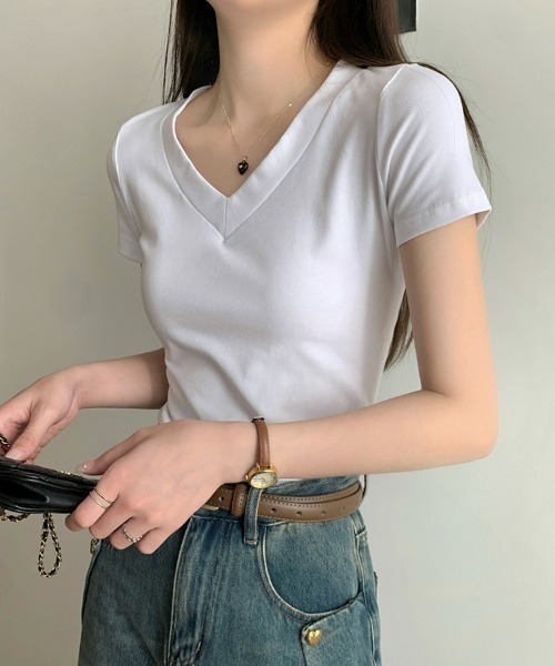 SEU(エスイーユー)の「無地T トップス シンプルVネックTシャツ 【オフィスカジュアル】【きれいめカジュアル】 レディース韓国風(Tシャツ/カットソー・レディース・グレー/ホワイト/ブラック・フリー)」の10枚目の写真