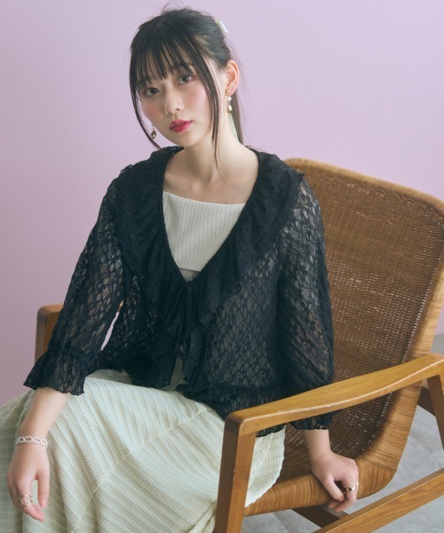 marun（マルン）の「＜大きいサイズ＞レースショートボレロ marun（カーディガン/ボレロ・レディース・ブラック/オフホワイト・L/LL/3L/4L/5L）」の2枚目の写真