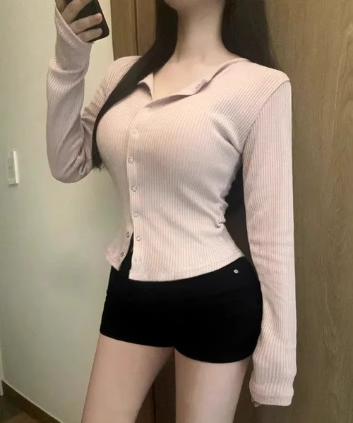 Girly Doll(ガーリードール)の「リングスナップリブカーディガン(カーディガン/ボレロ・レディース・グレー/ブラウン/ピンク/ホワイト/ブラック/ベージュ・FREE)」の16枚目の写真